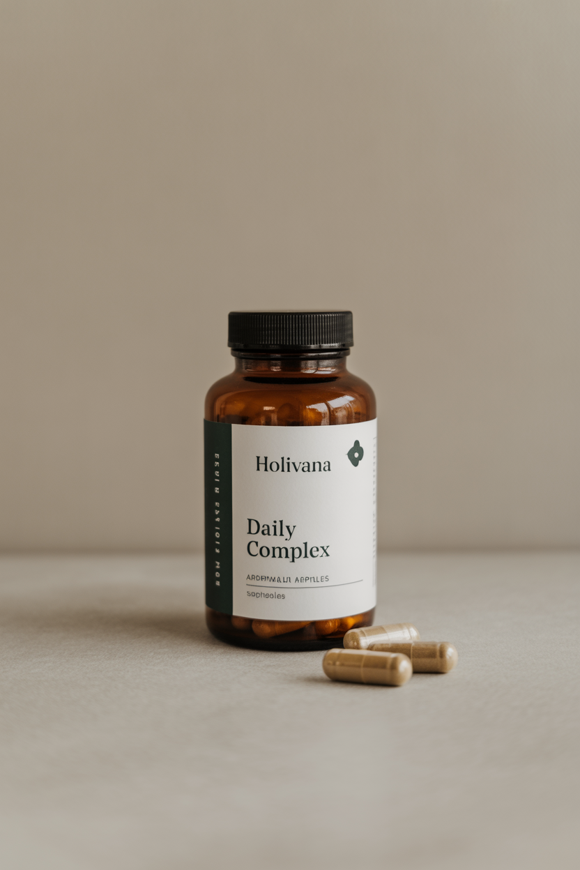 Holivana daily complex amber bottle with minimalist label